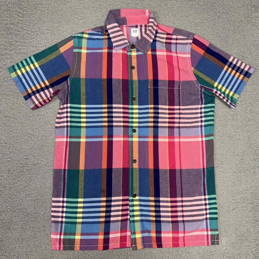 Gap Kids Shirt Toddler XL (12) Red Plaid Patchwork Madras Short Sleeve Button Up